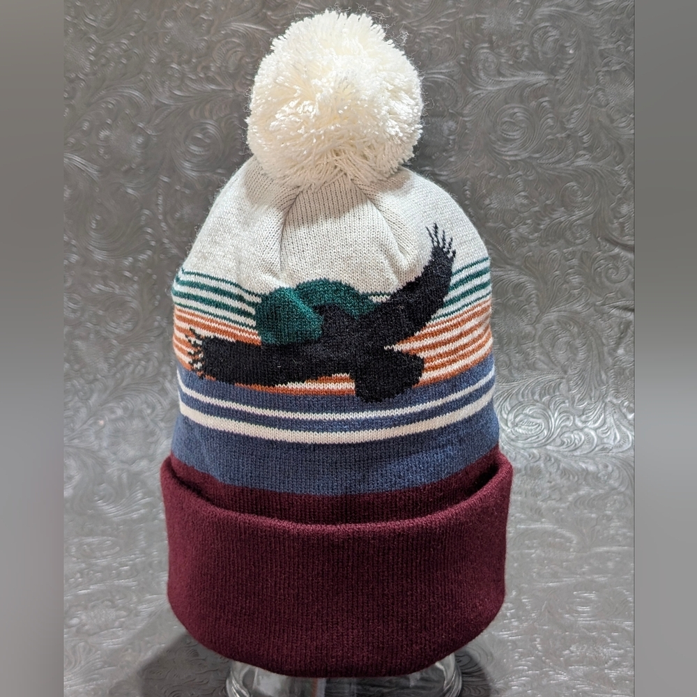 NWOT Turtle Fur Unisex Eagle Design Sunset Striped Winter Beanie Hat w/ Pom Pom